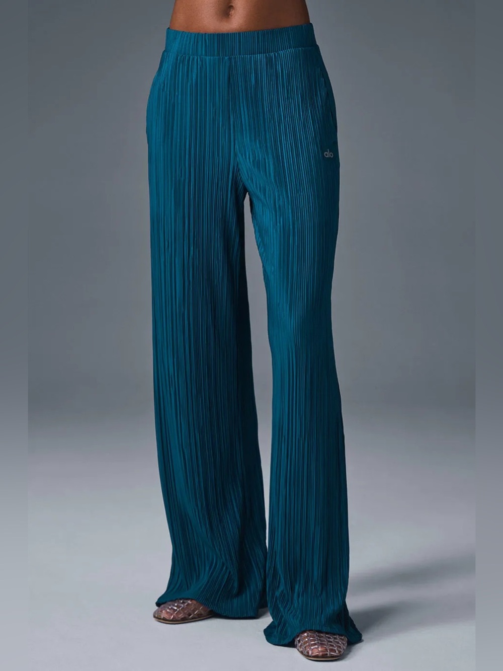 ALO Yoga Teal Micro Plisse Wide-Leg Pants